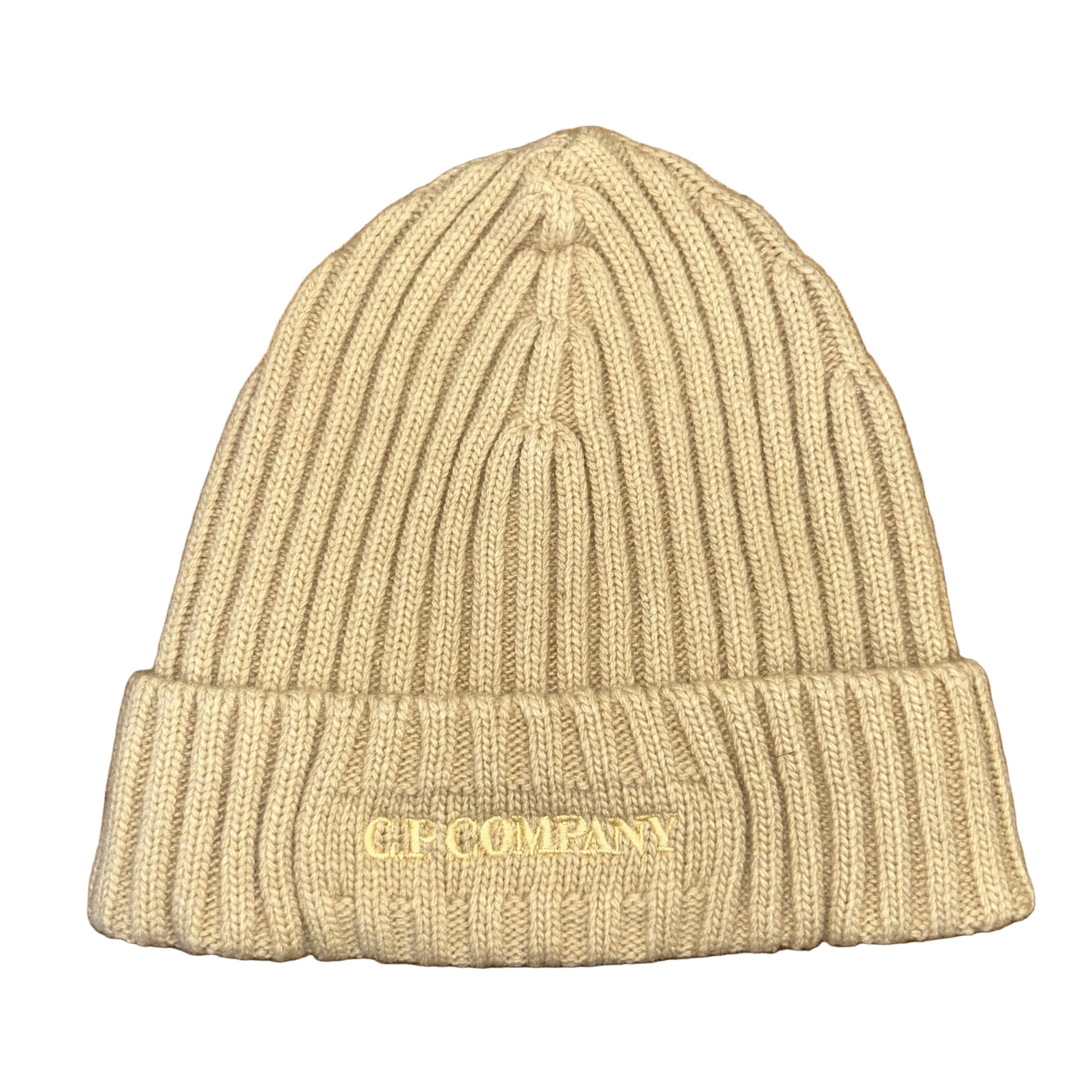Cp Company Lambswool Logo Beanie In Mojade Desert