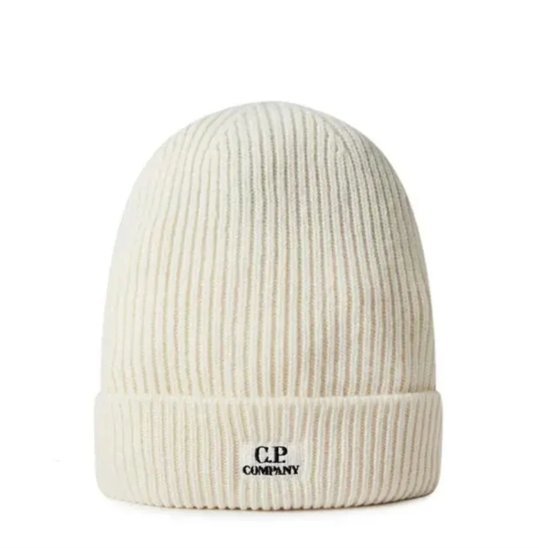 Cp Company Oversized Fit Lambswool Patch Logo Beanie in White