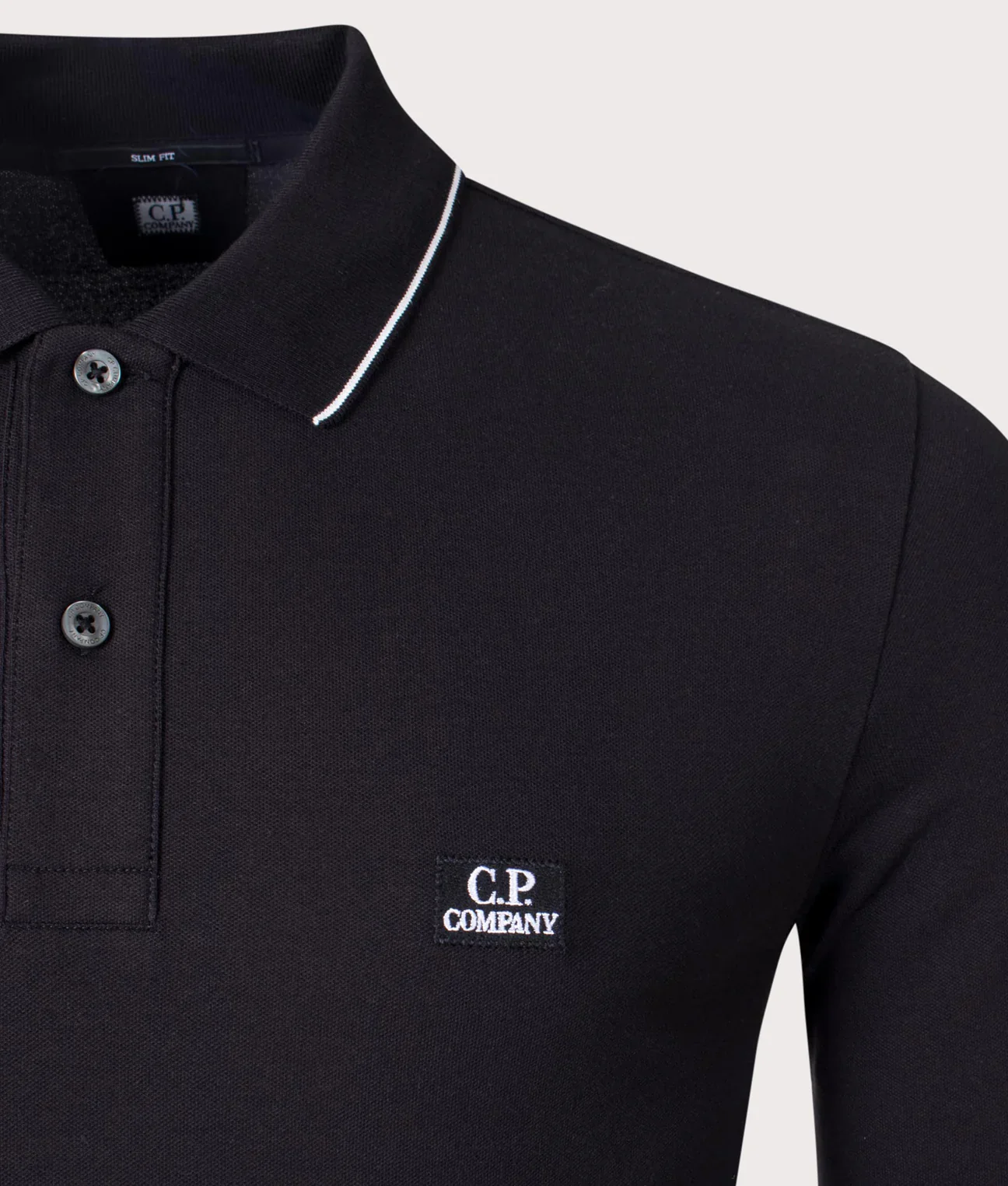 Cp Company 070A Slim Fit Long Sleeve Stretch Piquet Polo Shirt in Black - Image 2
