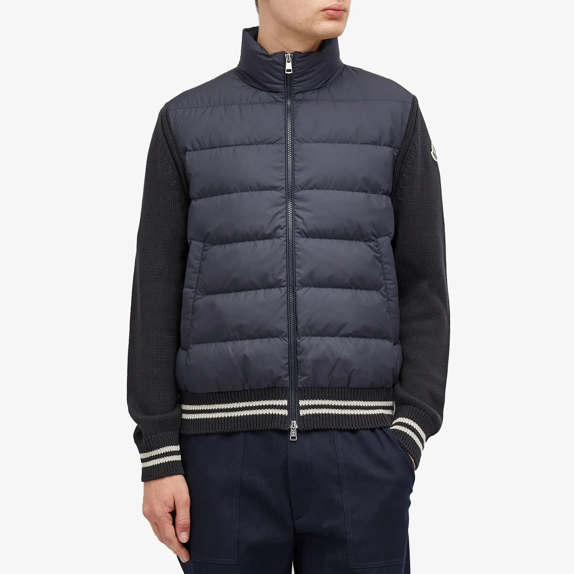 Moncler Striped Trim Down Cardigan in Navy - Image 2