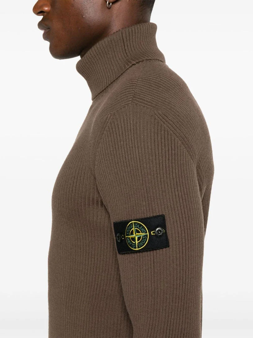 Stone Island Turtle Neck Ribbed Wool Sweatshirt Walnut Brown - Image 3