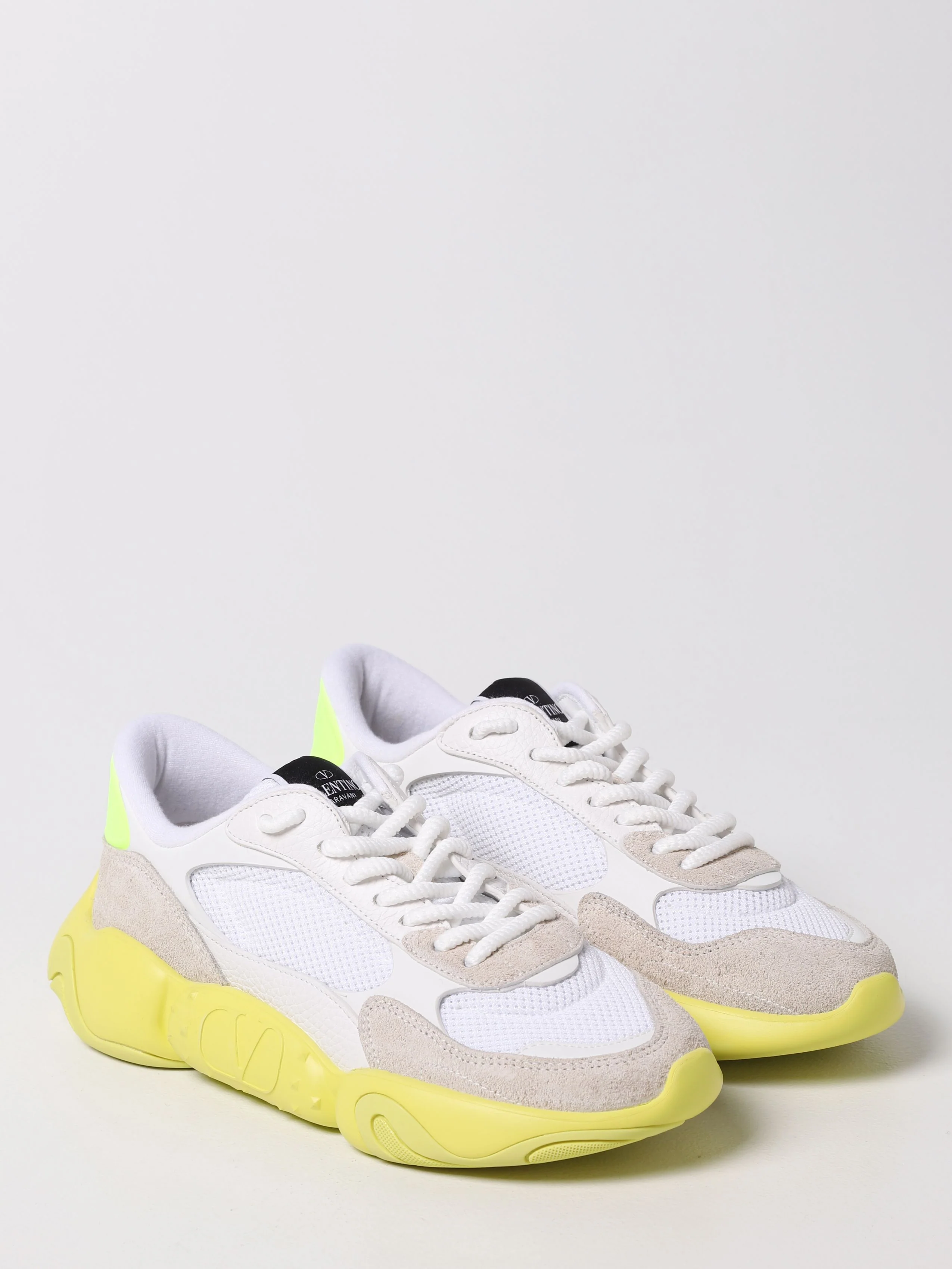 Valentino Garavani Bubbleback Mesh and Suede Trainers in White / Yellow - Image 3